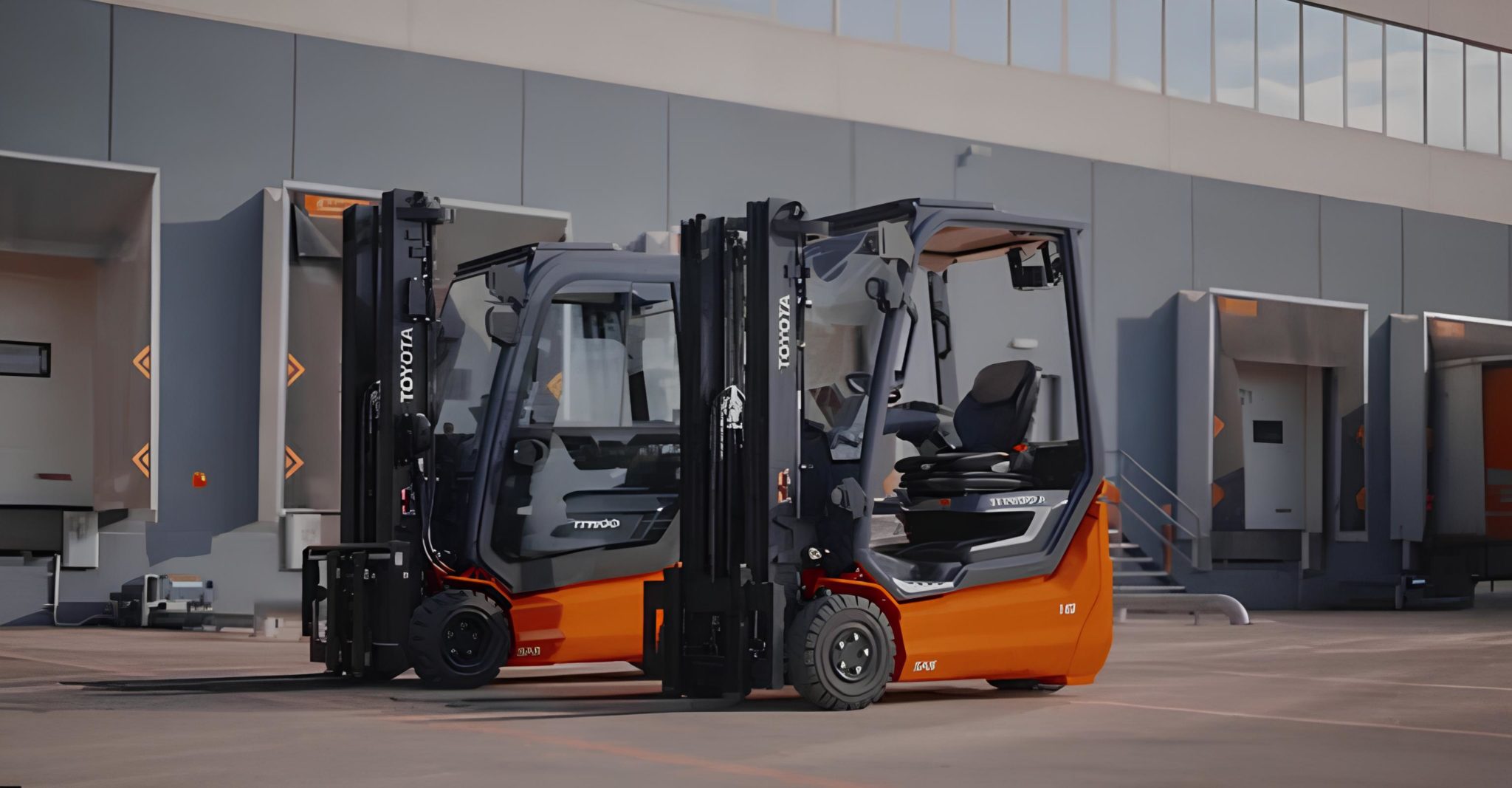 Deux chariots élévateurs électriques Toyota Traigo 48 Série 9 garés côte à côte